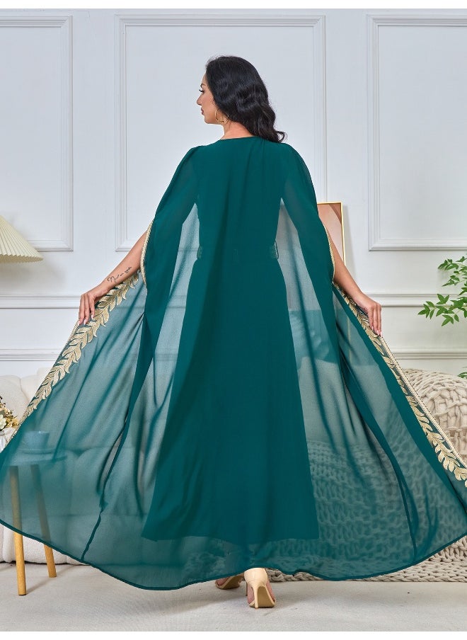 New Dark Green Embroidered Muslim Cardigan Dress Set – Elegant Long Robe Outfit