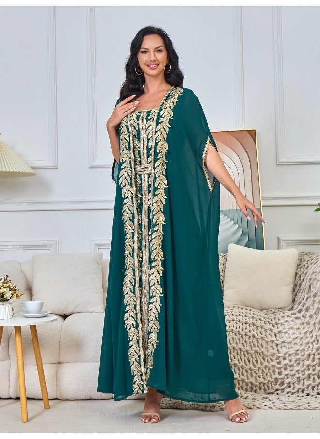 New Dark Green Embroidered Muslim Cardigan Dress Set – Elegant Long Robe Outfit
