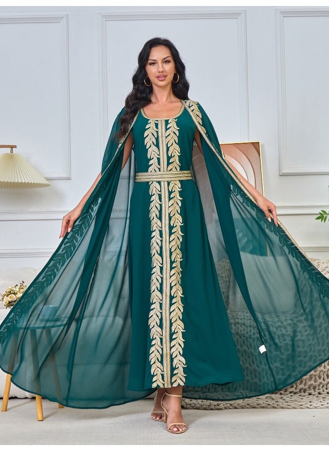 New Dark Green Embroidered Muslim Cardigan Dress Set – Elegant Long Robe Outfit