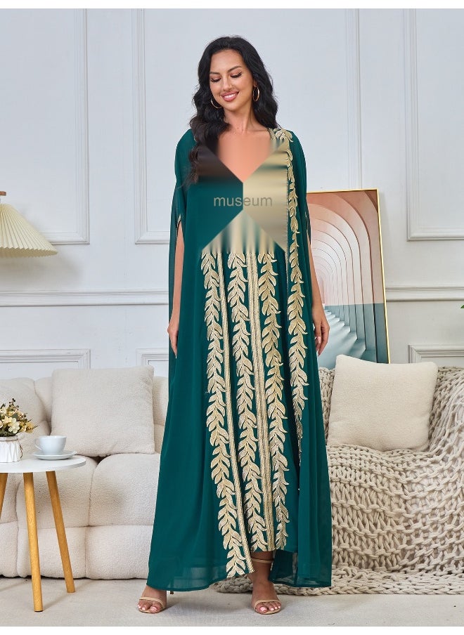 New Dark Green Embroidered Muslim Cardigan Dress Set – Elegant Long Robe Outfit