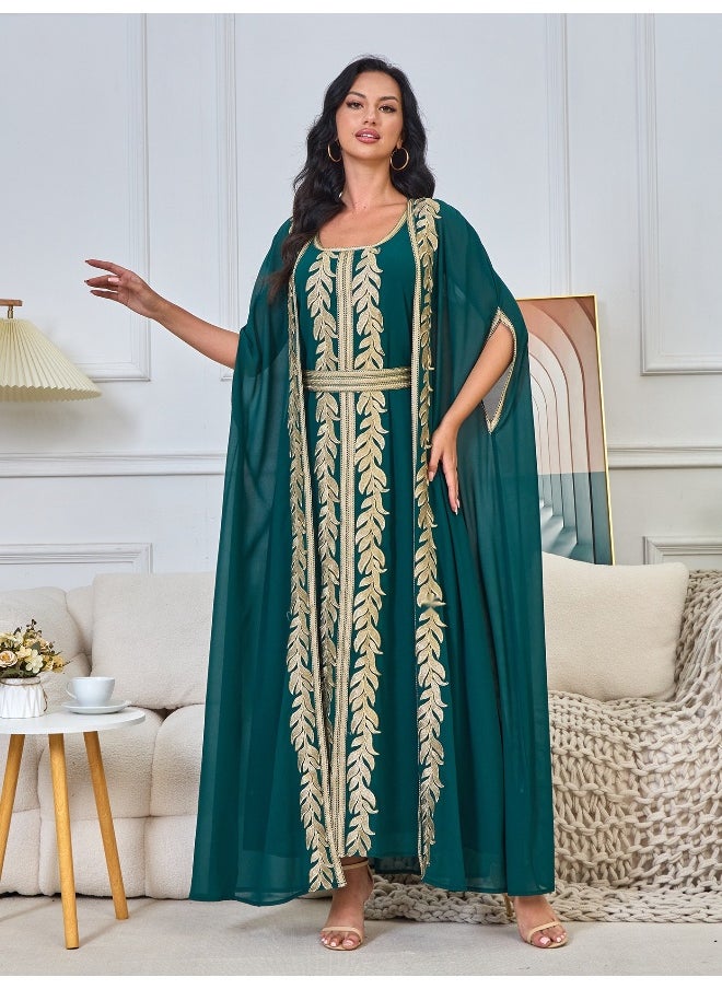 New Dark Green Embroidered Muslim Cardigan Dress Set – Elegant Long Robe Outfit