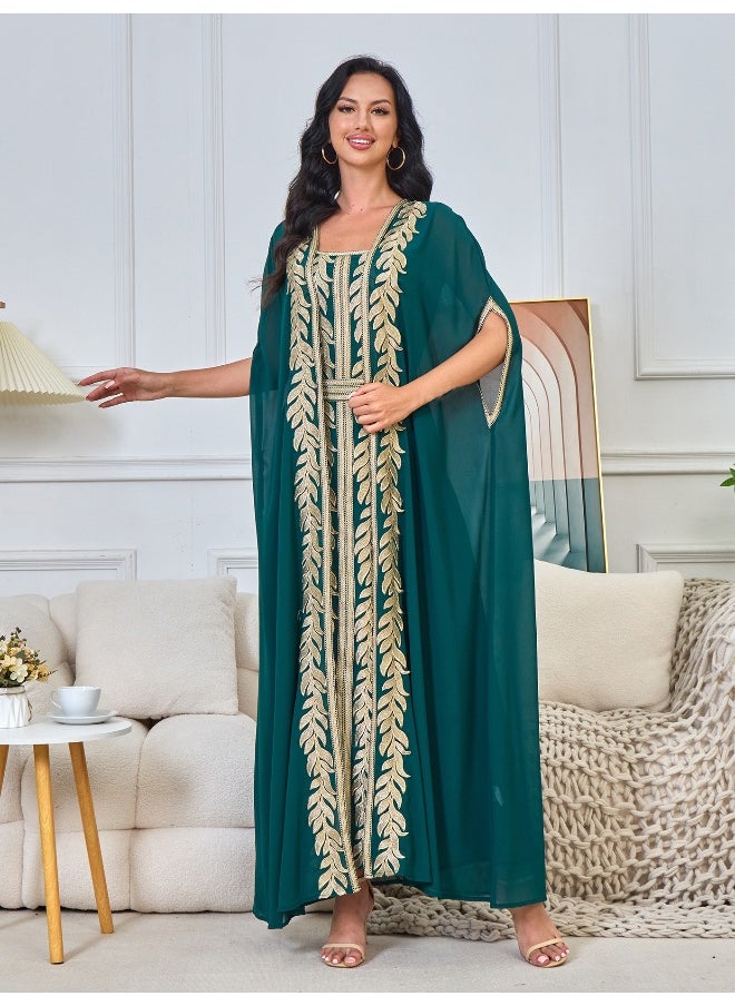 New Dark Green Embroidered Muslim Cardigan Dress Set – Elegant Long Robe Outfit
