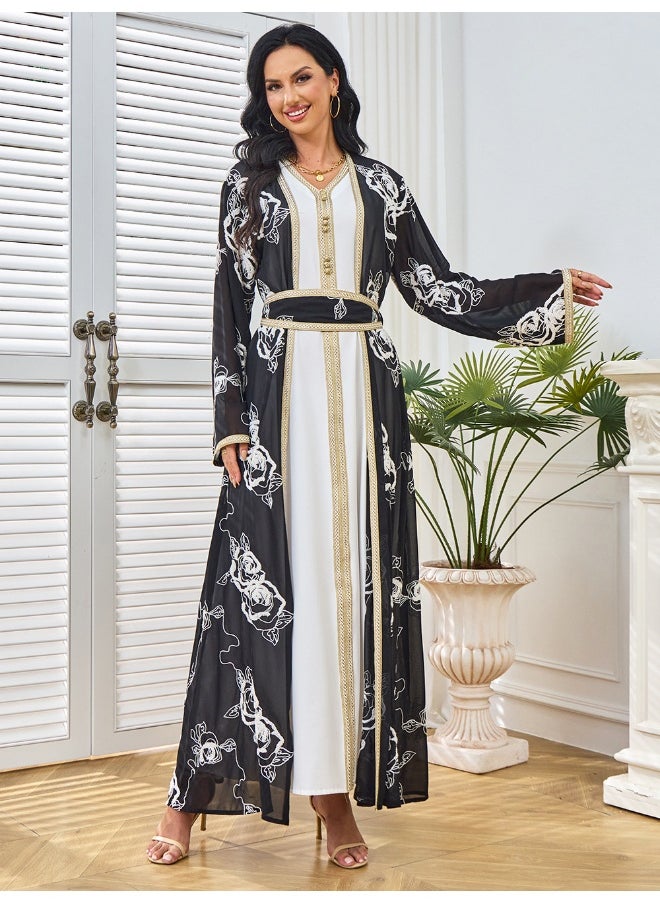 Black Long Sleeve V-Neck Embroidered Two-Piece Evening Gown with Tie Detail