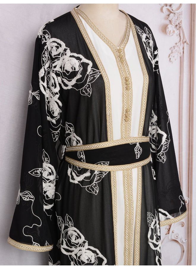 Black Long Sleeve V-Neck Embroidered Two-Piece Evening Gown with Tie Detail