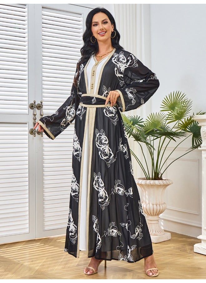 Black Long Sleeve V-Neck Embroidered Two-Piece Evening Gown with Tie Detail