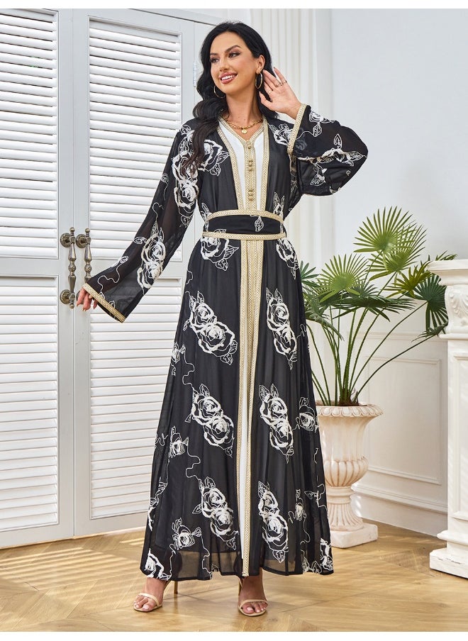 Black Long Sleeve V-Neck Embroidered Two-Piece Evening Gown with Tie Detail