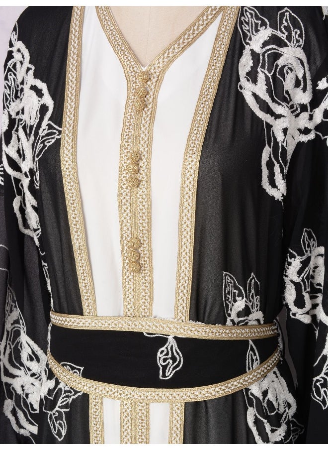 Black Long Sleeve V-Neck Embroidered Two-Piece Evening Gown with Tie Detail