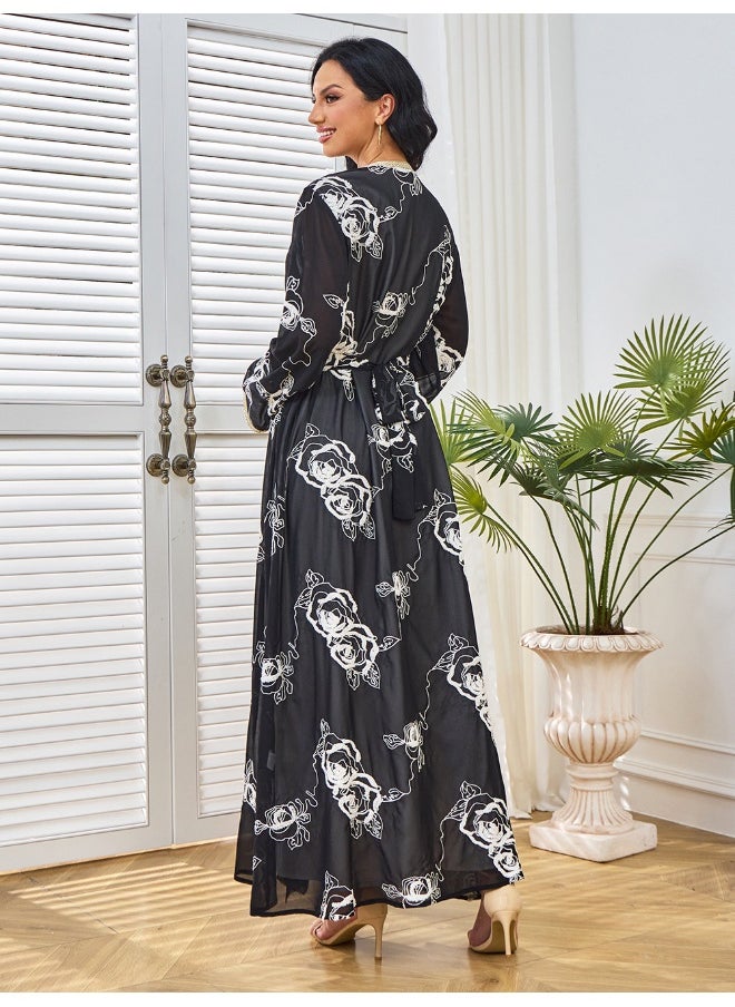 Black Long Sleeve V-Neck Embroidered Two-Piece Evening Gown with Tie Detail