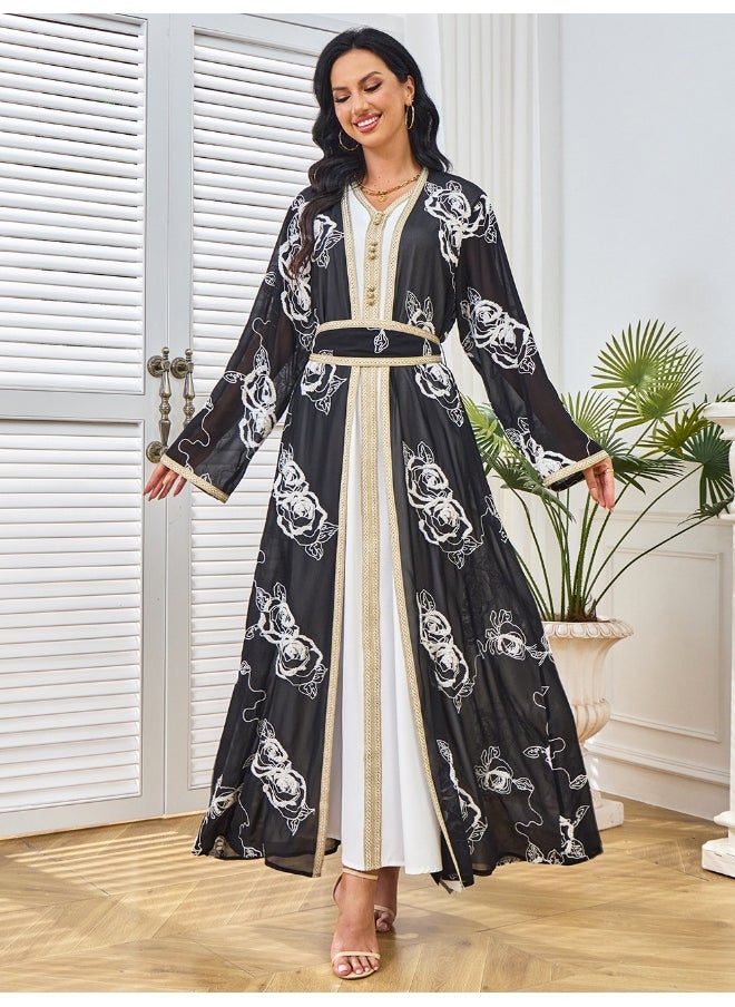 Black Long Sleeve V-Neck Embroidered Two-Piece Evening Gown with Tie Detail