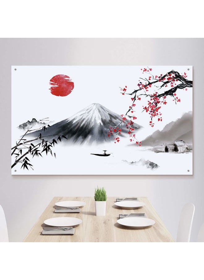 Japanese Wall Hanging Photo Banner Asian Mount Fuji Red Sun Backdrop Japanese Landscape Nature Background for Party Wall Home Decorations, 72.8 x 43.3 Inch