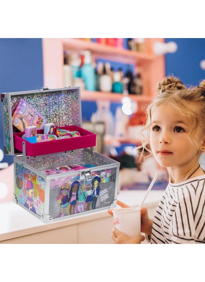 DIY Train Case Makeup Beauty set Includes Bracelet Beads & String, Tattoos, Lip Gloss, Hair Clips, Nail Polish & Much More for Girls, Ages 6+ Perfect for Parties, Sleepovers & Makeovers