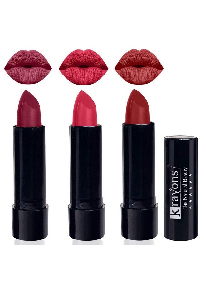 Krayons Cute Pop Matte Lipstick, Waterproof, Longlasting, Shocking Pink, First Crush, Signal Red, 3.5gm Each (Pack of 3)