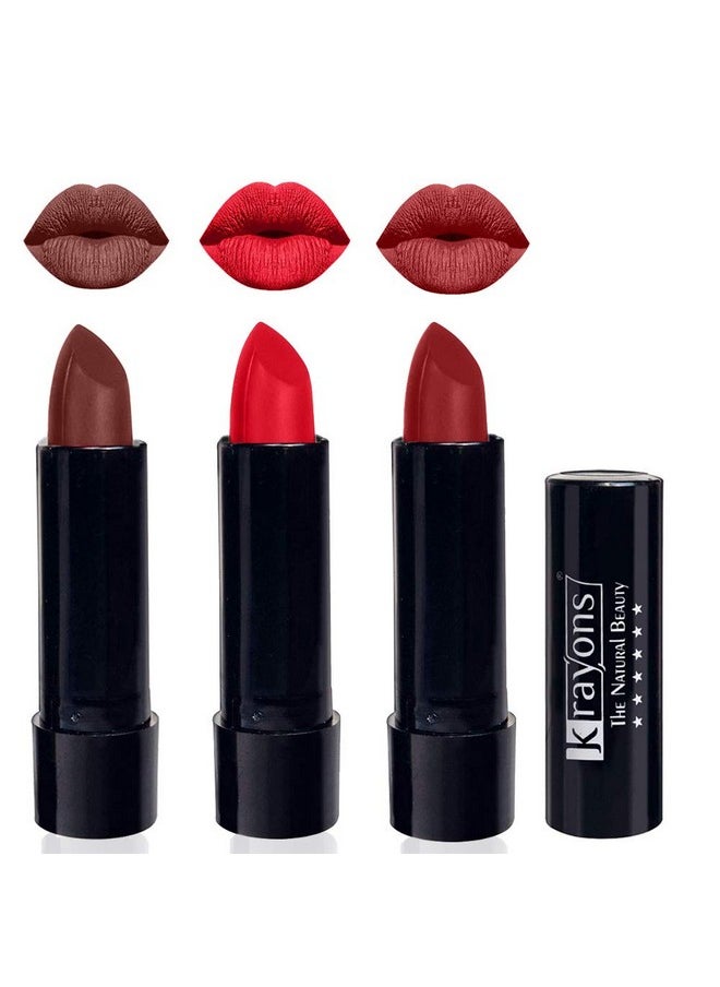 Krayons Cute Pop Matte Lipstick, Waterproof, Longlasting, Brick Tone, Orange Crush, Signal Red, 3.5gm Each (Pack of 3)