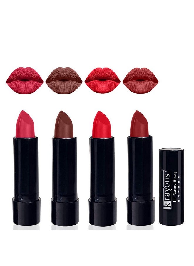 Krayons Cute Pop Moisturizing Matte Lipstick, Waterproof, First Crush, Brick Tone, Orange Crush, Signal Red, 3.5gm Each (Pack of 4)