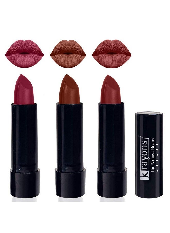 Krayons Cute Pop Matte Lipstick, Waterproof, Longlasting, Shocking Pink, Chocolate Mocha, Cherry Maroon, 3.5gm Each (Pack of 3)