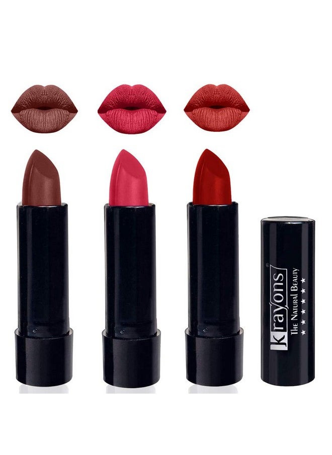 Krayons Cute Pop Matte Lipstick, Waterproof, Smudgeproof, Brick Tone, First Crush, Centre Stage, 3.5gm Each (Pack of 3)
