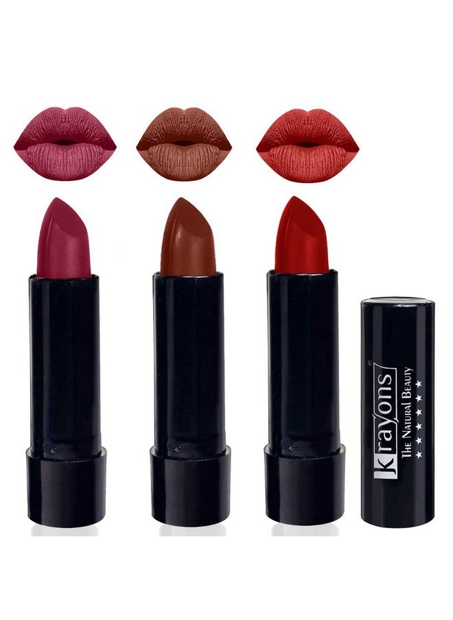 Krayons Cute Pop Matte Lipstick, Waterproof, Longlasting, Shocking Pink, Chocolate Mocha, Centre Stage, 3.5gm Each (Pack of 3)