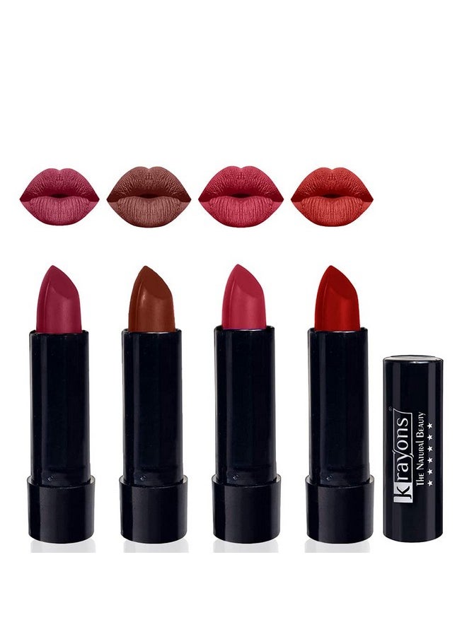 Krayons Cute Pop Moisturizing Matte Lipstick, Waterproof, Shocking Pink, Chocolate Mocha, Orange Tango, Centre Stage, 3.5gm Each (Pack of 4)
