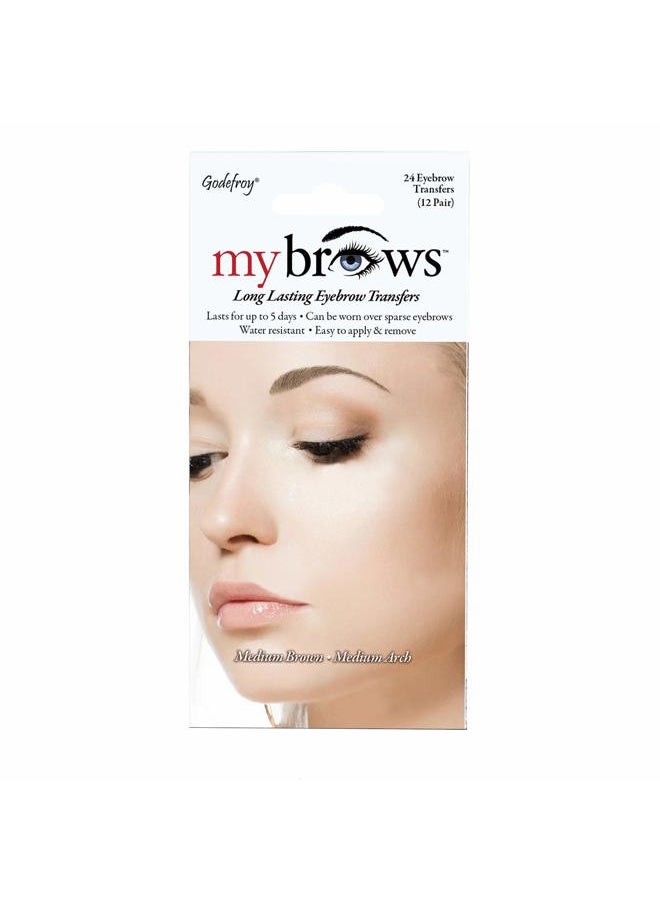 MyBrows Long Lasting Eyebrow Transfers, Medium Arch, Medium Brown, 12-Pairs of Brows