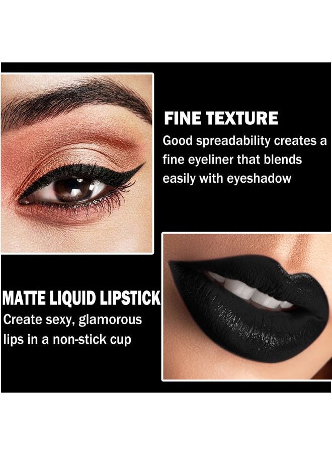 Black Matte Lipstick Lip Liner Set,Black Liquid Lipstick Lip Gloss Smudge Proof for Halloween Cosplay Goth Makeup,Waterproof and Long Lasting Black Lip Liner and Lipstick Set