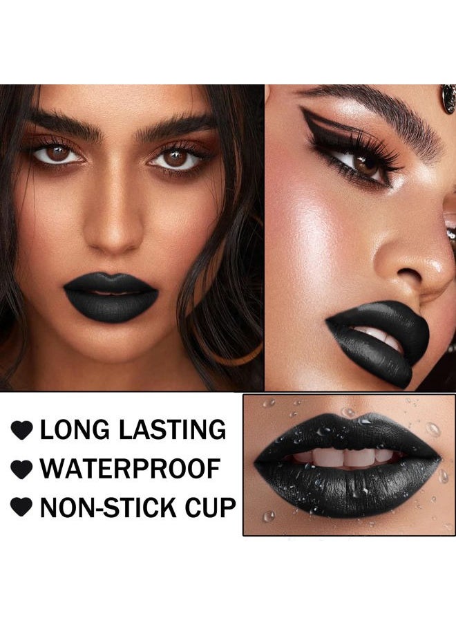 Black Matte Lipstick Lip Liner Set,Black Liquid Lipstick Lip Gloss Smudge Proof for Halloween Cosplay Goth Makeup,Waterproof and Long Lasting Black Lip Liner and Lipstick Set