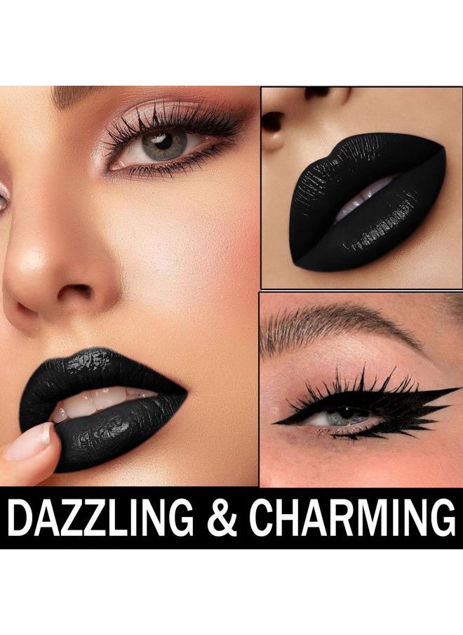 Black Matte Lipstick Lip Liner Set,Black Liquid Lipstick Lip Gloss Smudge Proof for Halloween Cosplay Goth Makeup,Waterproof and Long Lasting Black Lip Liner and Lipstick Set