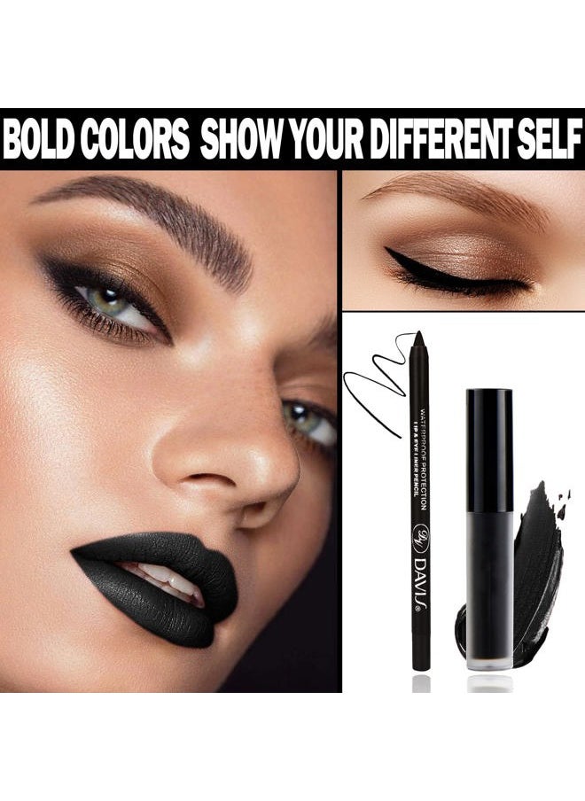Black Matte Lipstick Lip Liner Set,Black Liquid Lipstick Lip Gloss Smudge Proof for Halloween Cosplay Goth Makeup,Waterproof and Long Lasting Black Lip Liner and Lipstick Set