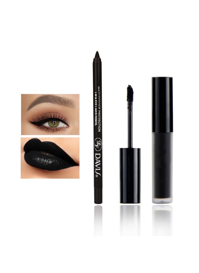 Black Matte Lipstick Lip Liner Set,Black Liquid Lipstick Lip Gloss Smudge Proof for Halloween Cosplay Goth Makeup,Waterproof and Long Lasting Black Lip Liner and Lipstick Set