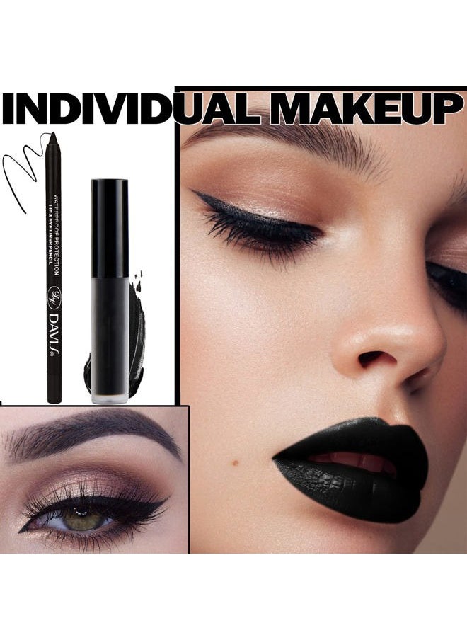 Black Matte Lipstick Lip Liner Set,Black Liquid Lipstick Lip Gloss Smudge Proof for Halloween Cosplay Goth Makeup,Waterproof and Long Lasting Black Lip Liner and Lipstick Set