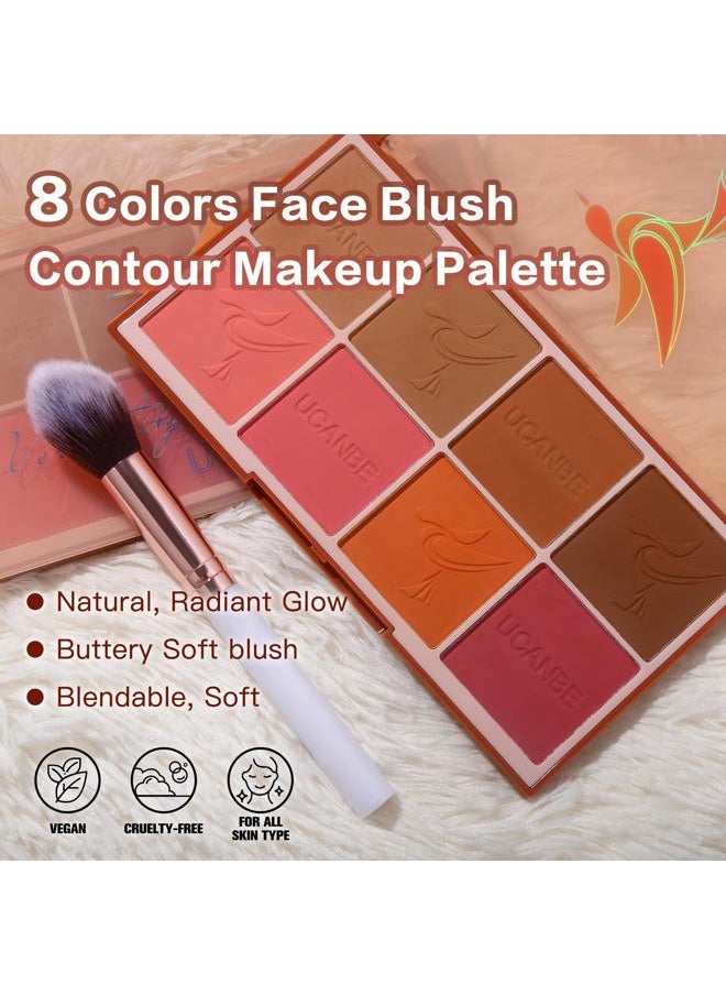8 Colors Face Matte Blush Palette Shading Blusher with Brush - Buildable Facial Cheek Blusher Contour Bronzing Pressed Powder Makeup Pallet Women Gift Set (01 Matte)