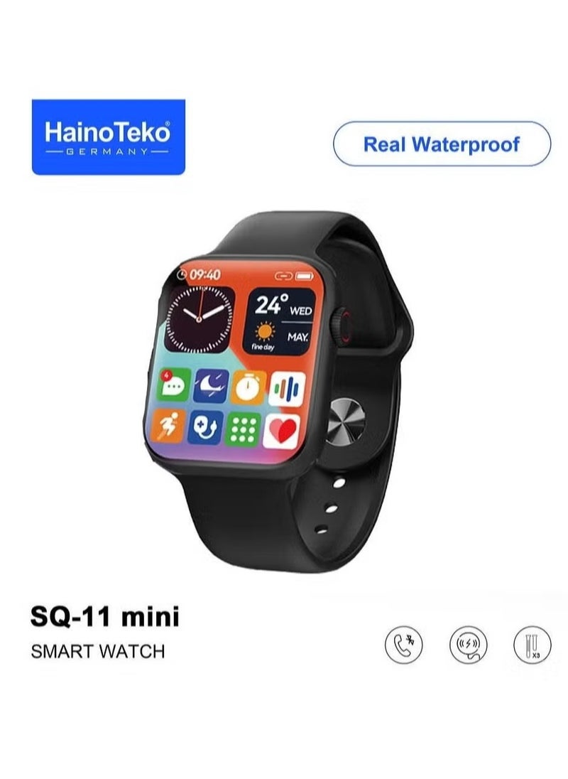 SQ11 Mini Smart Watch with Full Screen AMOLED Display - Real Waterproof, 3  Pair Straps for Ladies and Gents – Stylish, Fitness Tracker, Heart Rate Monitor, Sleek Black Design, Long Battery Life, Multi-functional Features