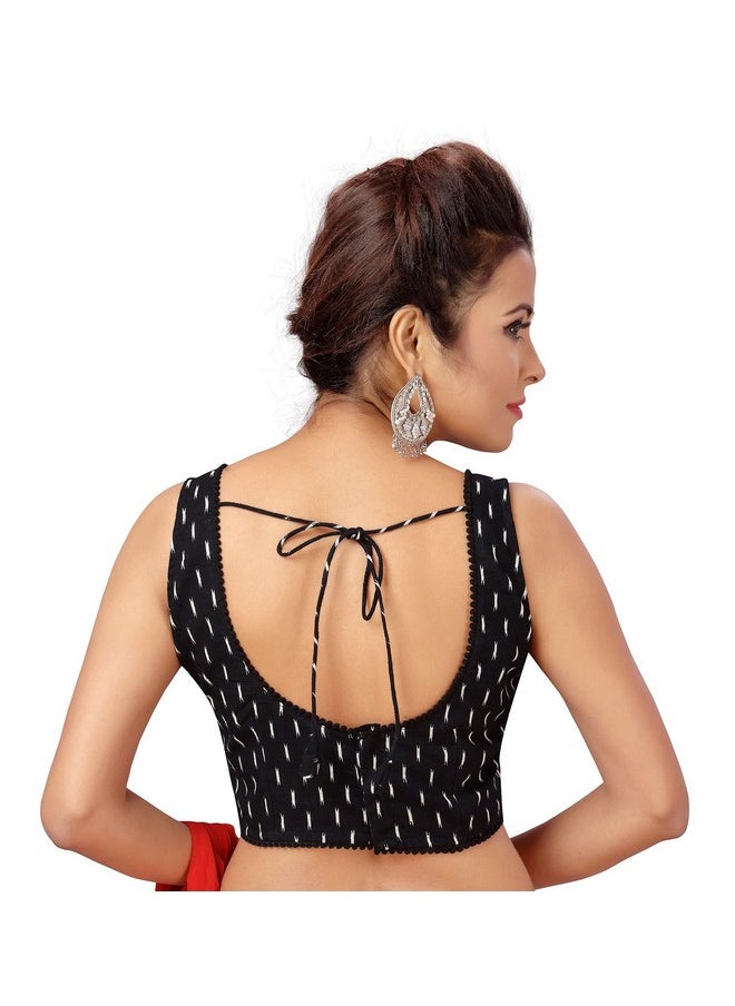 Studio Shringaar Women's Ikat Cotton Readymade Saree Blouse with Sleeveless (Black, 38)