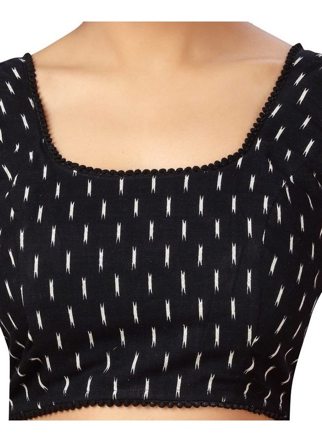 Studio Shringaar Women's Ikat Cotton Readymade Saree Blouse with Sleeveless (Black, 38)
