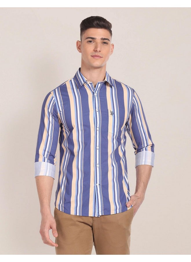 U.S. POLO ASSN. Men's Striped Regular Fit Shirt (USSHTFX223_Blue