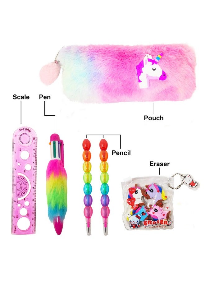 Parteet Combo (Pack Of 5 Itmes) Unicorn Fer Pouch With 1 Fer Pen(4 Color),2 Pencils,1 Packet Unicorn Eraser And 1 Scale - Silver