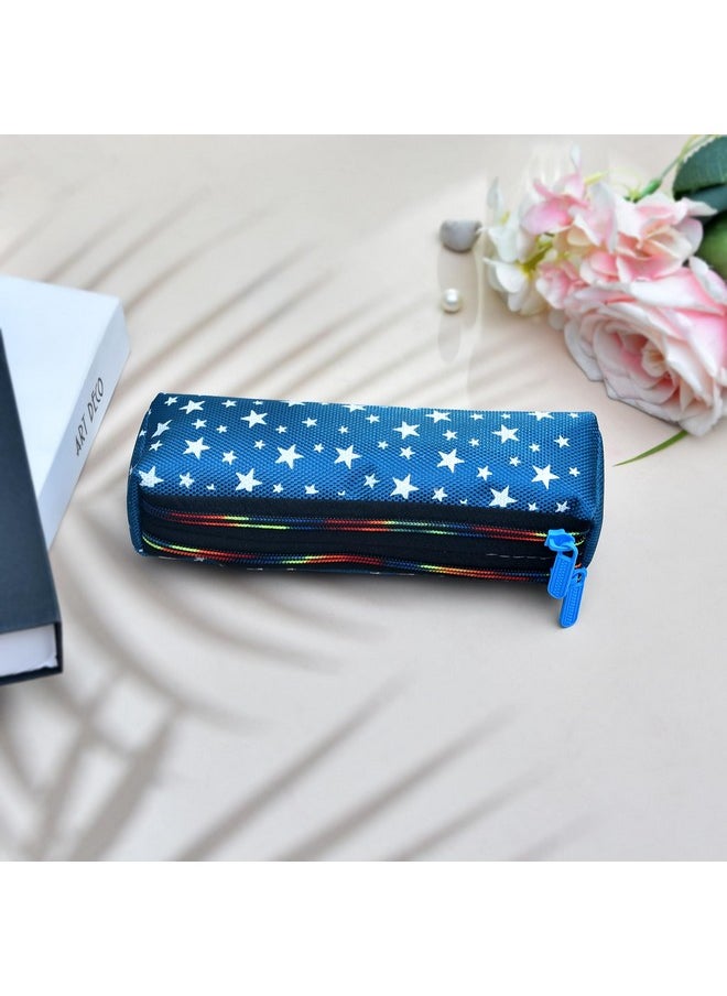 Kuber Industries Pencil Pouch | Rexine Stationary Pouch | Pencil Utility Pouch | School Pencil Case for Kids | 2 Zipper Pencil Organizer | Star Pencil Pouch | Pack of 2 | Blue