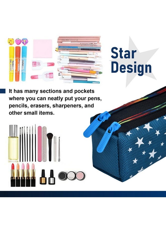 Kuber Industries Pencil Pouch | Rexine Stationary Pouch | Pencil Utility Pouch | School Pencil Case for Kids | 2 Zipper Pencil Organizer | Star Pencil Pouch | Pack of 2 | Blue