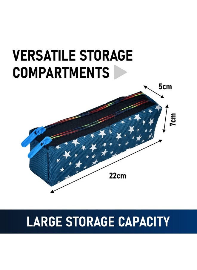 Kuber Industries Pencil Pouch | Rexine Stationary Pouch | Pencil Utility Pouch | School Pencil Case for Kids | 2 Zipper Pencil Organizer | Star Pencil Pouch | Pack of 2 | Blue