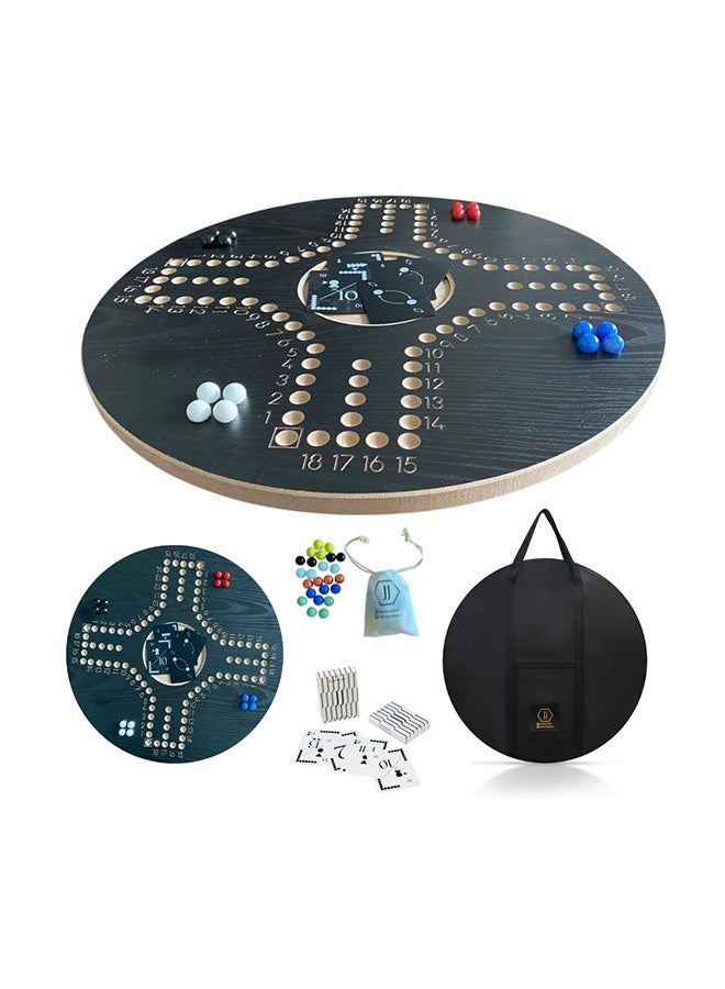 4-Player Board Game Set, Black Wooden Board With Marbles, Cards And Carrying Bag
