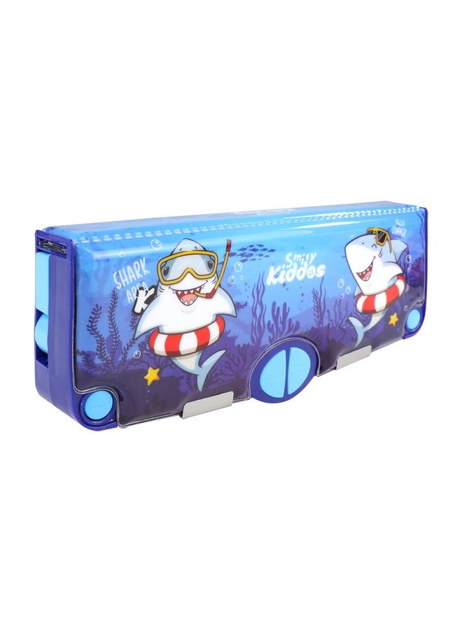 Smily Kiddos Multi Functional Pop Out Pencil Box for Kids Stationery for Children | 24.5 x 4 x 10cm | - Shark Theme - Blue