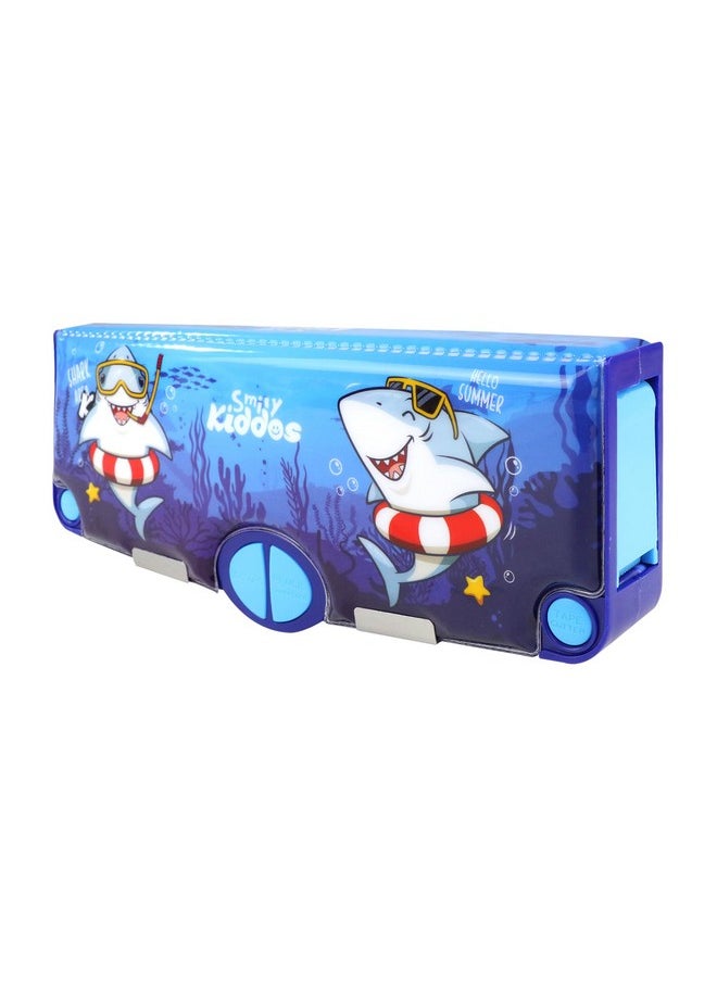 Smily Kiddos Multi Functional Pop Out Pencil Box for Kids Stationery for Children | 24.5 x 4 x 10cm | - Shark Theme - Blue