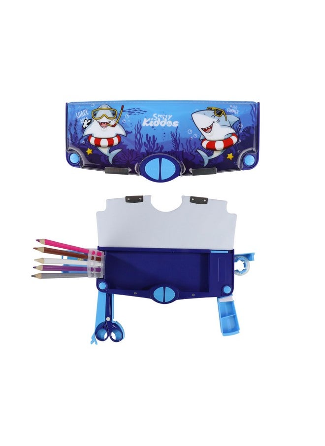 Smily Kiddos Multi Functional Pop Out Pencil Box for Kids Stationery for Children | 24.5 x 4 x 10cm | - Shark Theme - Blue