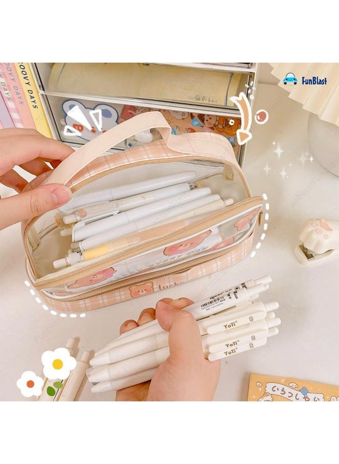 FunBlast Large Capacity Pencil Bag, 2 Compartment Transparent Pencil Pouch with Zipper Closure Portable Makeup Pouch, Aesthetic Pouch, Cute Stationery Bag for Students Girls Adults Office (Beige)