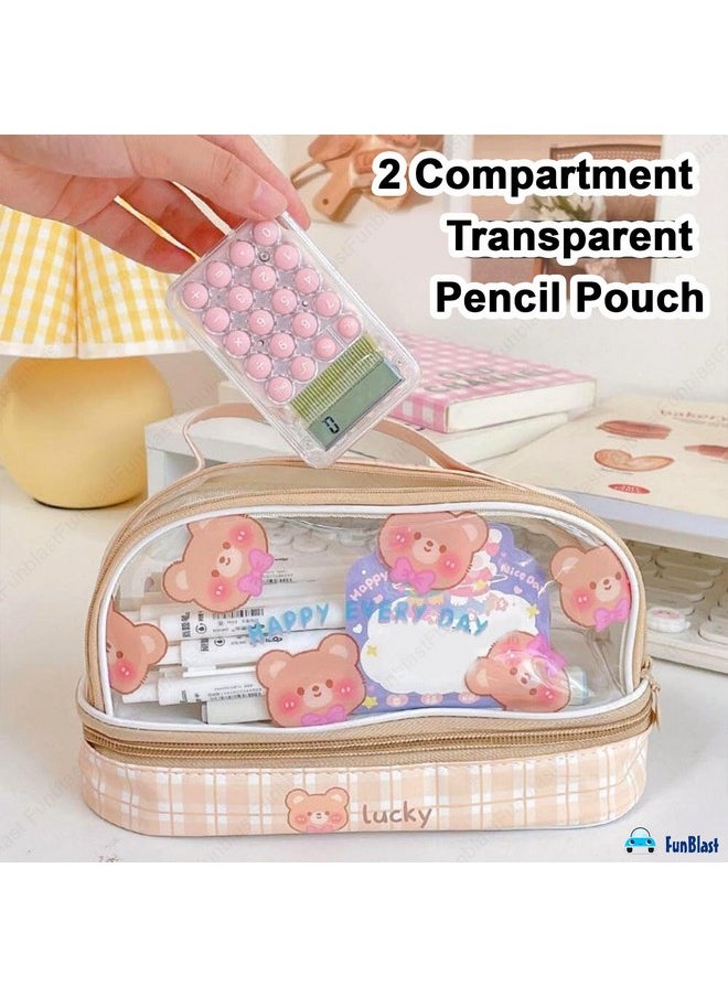FunBlast Large Capacity Pencil Bag, 2 Compartment Transparent Pencil Pouch with Zipper Closure Portable Makeup Pouch, Aesthetic Pouch, Cute Stationery Bag for Students Girls Adults Office (Beige)