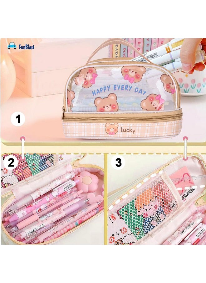 FunBlast Large Capacity Pencil Bag, 2 Compartment Transparent Pencil Pouch with Zipper Closure Portable Makeup Pouch, Aesthetic Pouch, Cute Stationery Bag for Students Girls Adults Office (Beige)