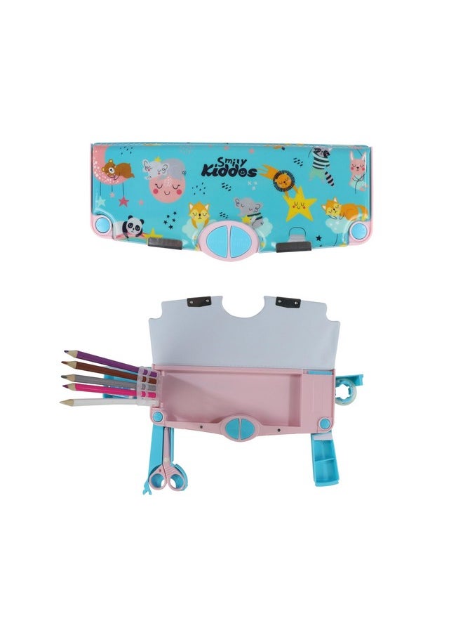 Smily Kiddos Multi Functional Pop Out Pencil Box for Kids Stationery for Children | 24.5 x 4 x 10cm | - Rainbow Animals - Teal Blue