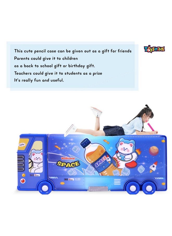 Toyshine Space Cat Double Compartment Bus Pencil Box with Moving Tyres Button Enabled Storages and Sharpner for Kids - DarkBlue