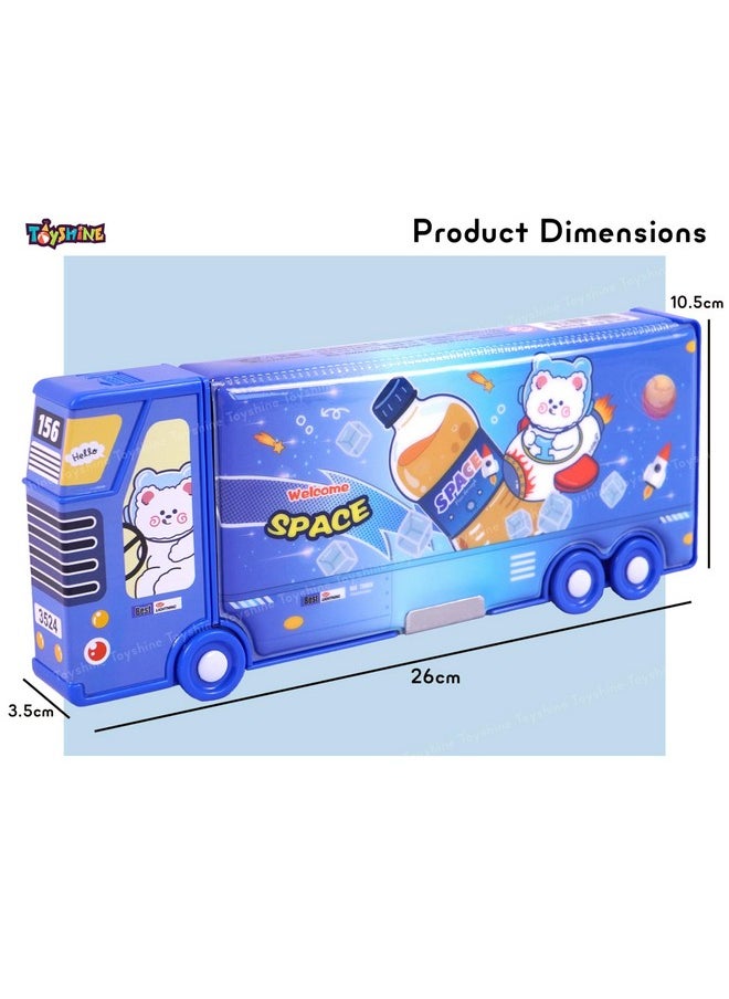 Toyshine Space Cat Double Compartment Bus Pencil Box with Moving Tyres Button Enabled Storages and Sharpner for Kids - DarkBlue