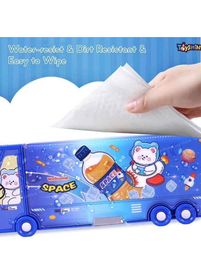 Toyshine Space Cat Double Compartment Bus Pencil Box with Moving Tyres Button Enabled Storages and Sharpner for Kids - DarkBlue