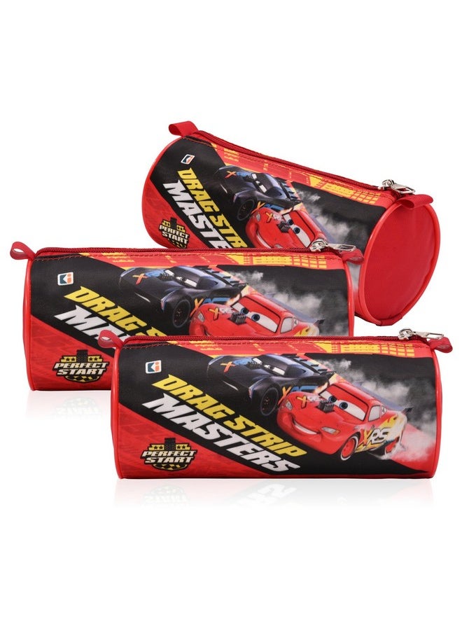 Kuber Industries Pack of 3 Round Pencil Pouch | Disney Car Pencil Pouch for Kids | Travel Organizer | Multi-Purpose Travel Pouch | Stationary Utility School Pouches | Geometry Box | Red